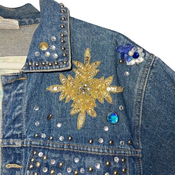 Vintage Freego Womens Denim Jacket Blue Size Medium Embellished Button Cotton - Picture 5 of 16